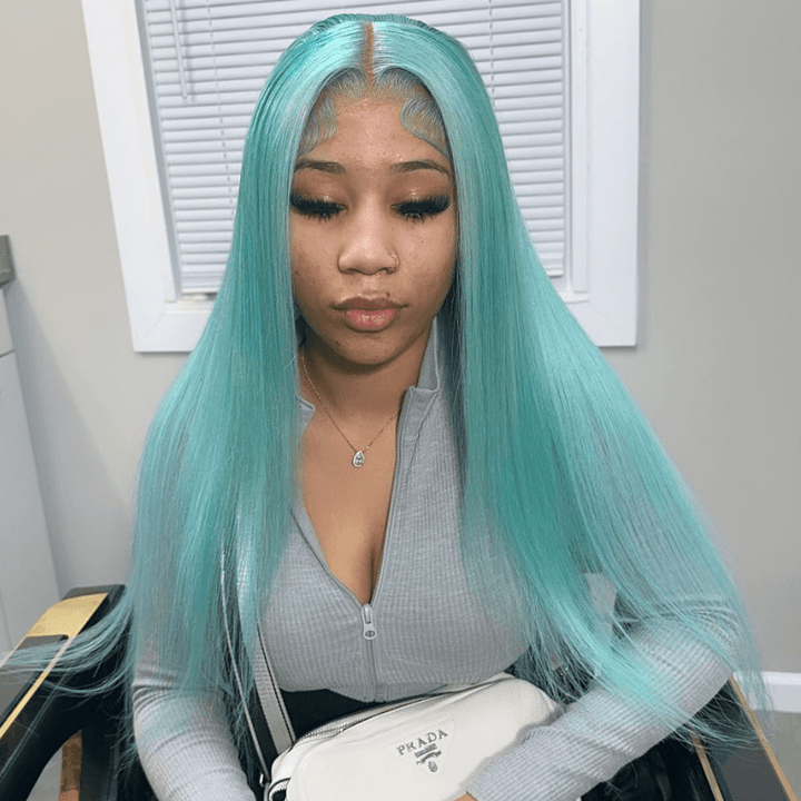 SZC Pastel Mint Green Bone Straight 13x4 HD Lace Front Human Hair Wigs