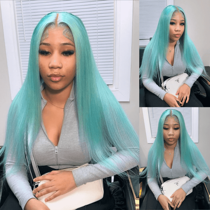 SZC Pastel Mint Green Bone Straight 13x4 HD Lace Front Human Hair Wigs