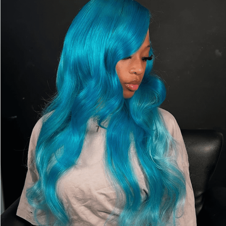 SZC Pastel Ocean Blue 200 Density HD Lace Front Body Wave Virgin Hair Wig