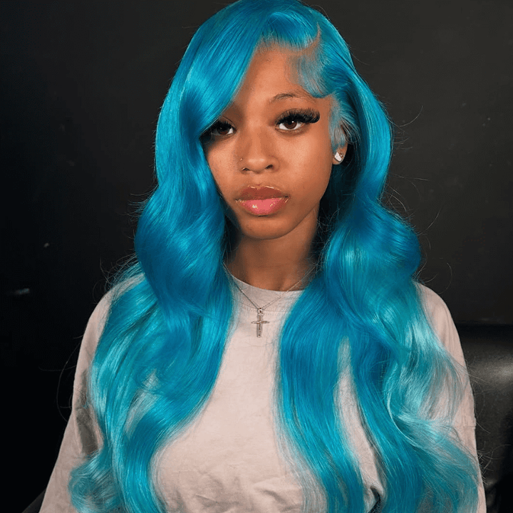 SZC Pastel Ocean Blue 200 Density HD Lace Front Body Wave Virgin Hair Wig