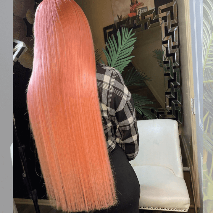 SZC Peach Pink 200 Density Bone Straight Lace Front Human Hair Weave Wig