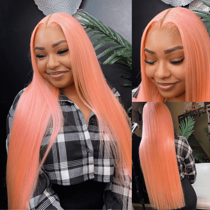 SZC Peach Pink 200 Density Bone Straight Lace Front Human Hair Weave Wig
