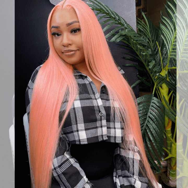 SZC Peach Pink 200 Density Bone Straight Lace Front Human Hair Weave Wig