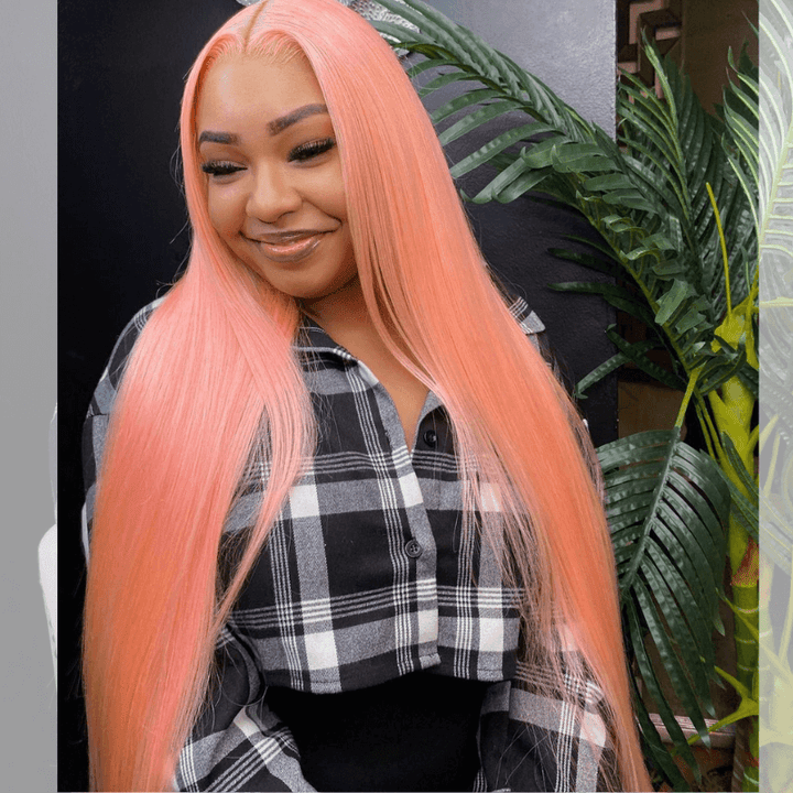 SZC Peach Pink 200 Density Bone Straight Lace Front Human Hair Weave Wig
