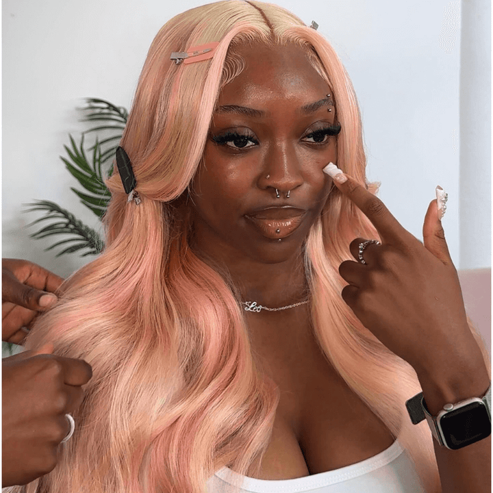 SZC Peach Pink Blonde Light Brown Multi Colored Lace Front Human Hair Wig
