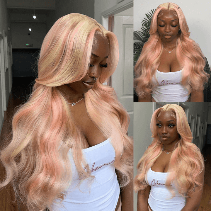 SZC Peach Pink Blonde Light Brown Multi Colored Lace Front Human Hair Wig