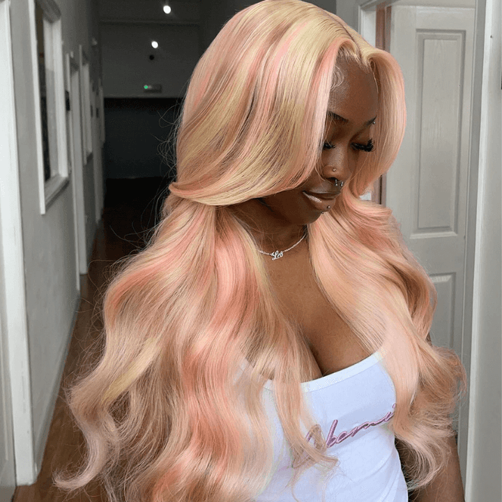 SZC Peach Pink Blonde Light Brown Multi Colored Lace Front Human Hair Wig