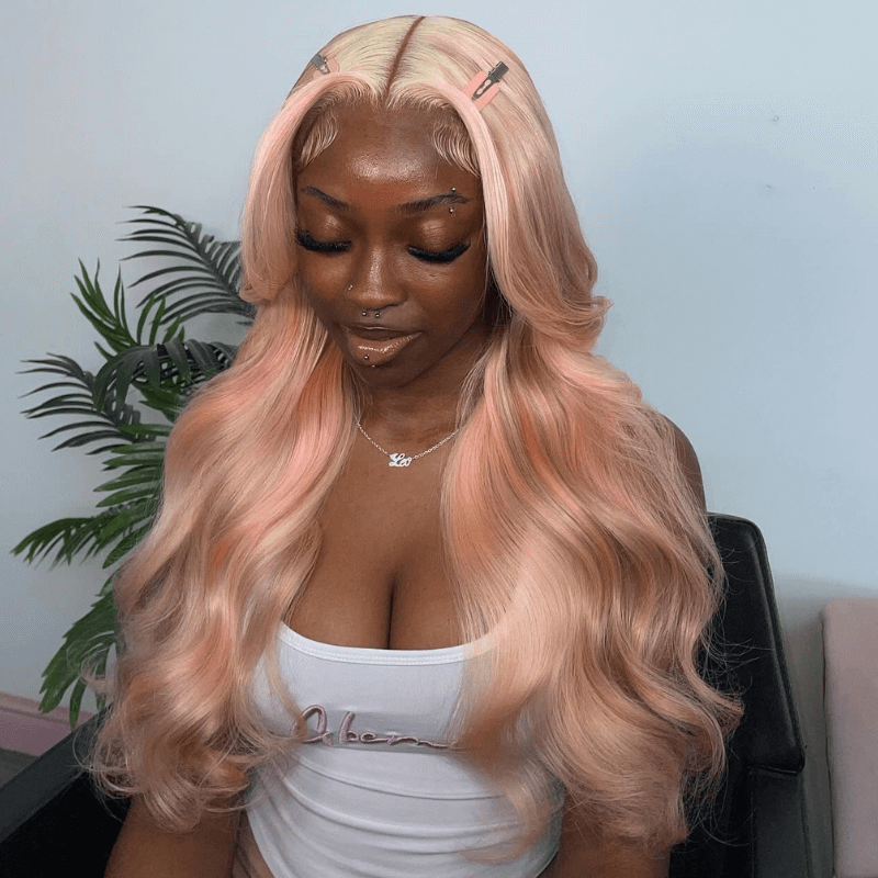 SZC Peach Pink Blonde Light Brown Multi Colored Lace Front Human Hair Wig