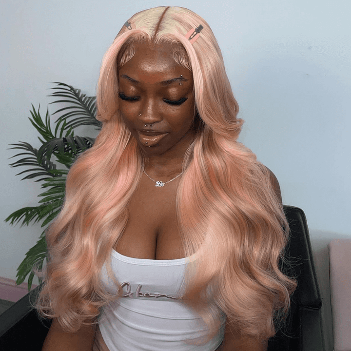 SZC Peach Pink Blonde Light Brown Multi Colored Lace Front Human Hair Wig