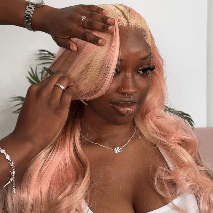 SZC Peach Pink Blonde Light Brown Multi Colored Lace Front Human Hair Wig