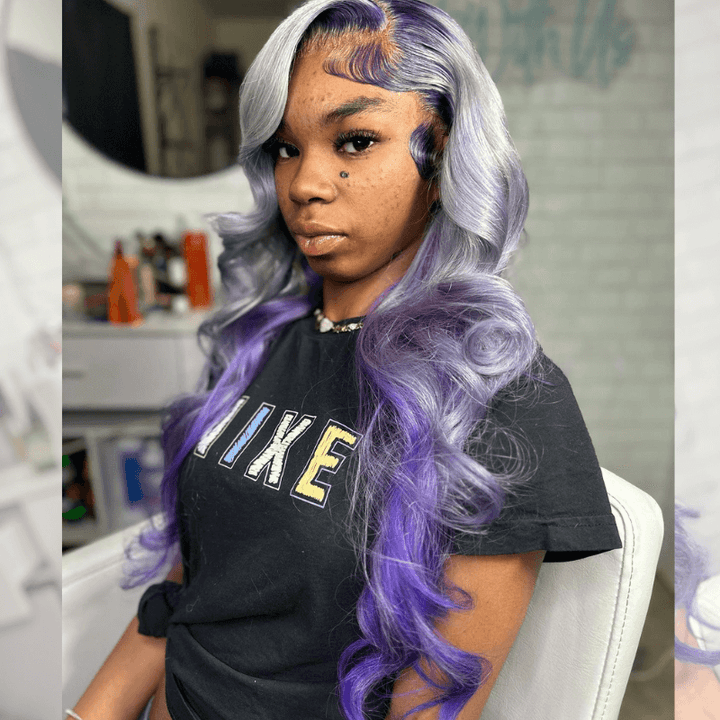 SZC Peekaboo Gray Purple Body Wave Ear to Ear HD Lace Front Human Hair Wig