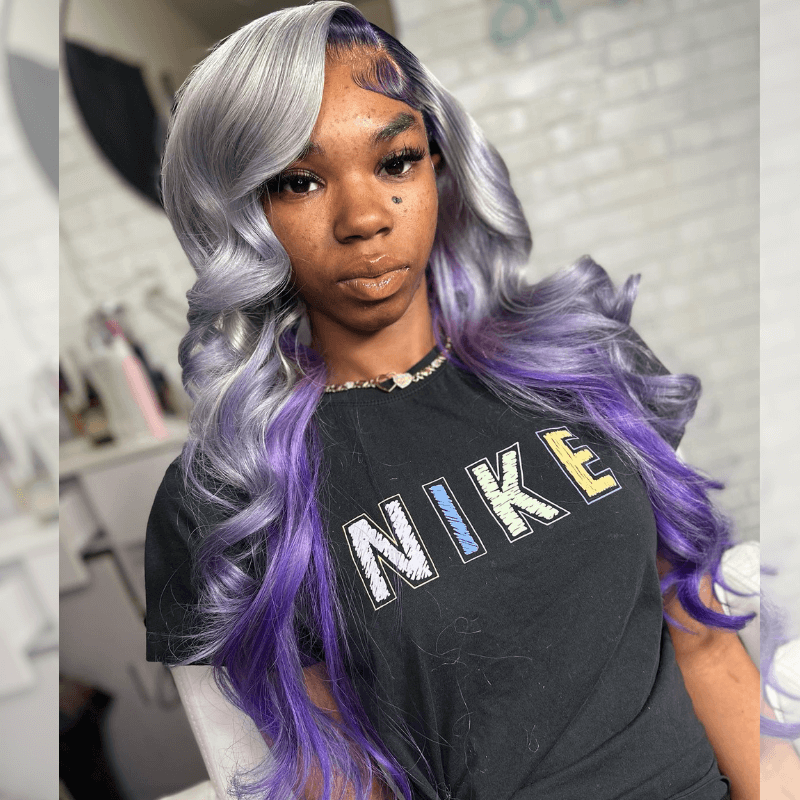SZC Peekaboo Gray Purple Body Wave Ear to Ear HD Lace Front Human Hair Wig