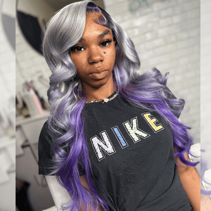 SZC Peekaboo Gray Purple Body Wave Ear to Ear HD Lace Front Human Hair Wig