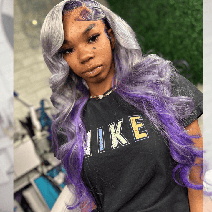 SZC Peekaboo Gray Purple Body Wave Ear to Ear HD Lace Front Human Hair Wig