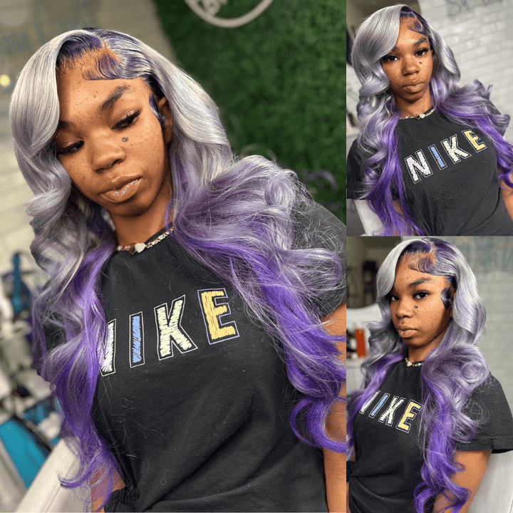 SZC Peekaboo Gray Purple Body Wave Ear to Ear HD Lace Front Human Hair Wig