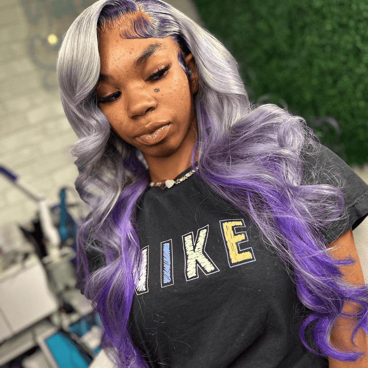 SZC Peekaboo Gray Purple Body Wave Ear to Ear HD Lace Front Human Hair Wig