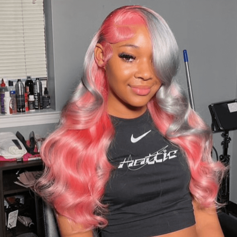 SZC Peekaboo Grey Pink Color Body Wave 13x4 Lace Front Human Hair Wigs