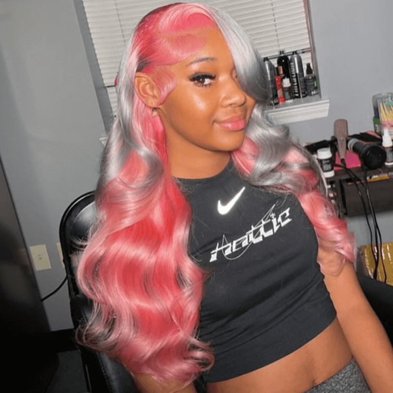 SZC Peekaboo Grey Pink Color Body Wave 13x4 Lace Front Human Hair Wigs