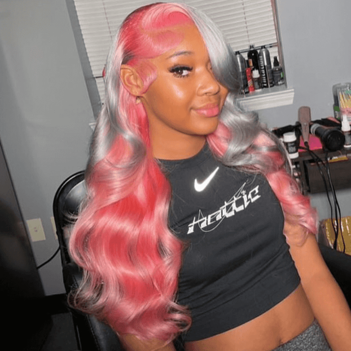 SZC Peekaboo Grey Pink Color Body Wave 13x4 Lace Front Human Hair Wigs