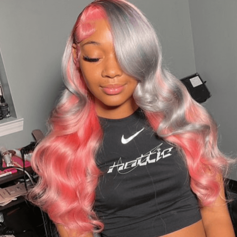 SZC Peekaboo Grey Pink Color Body Wave 13x4 Lace Front Human Hair Wigs