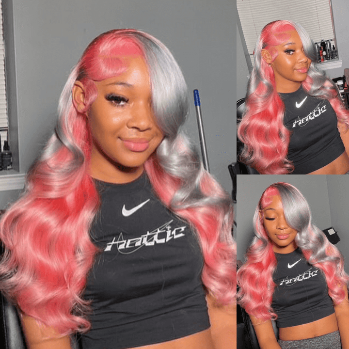 SZC Peekaboo Grey Pink Color Body Wave 13x4 Lace Front Human Hair Wigs