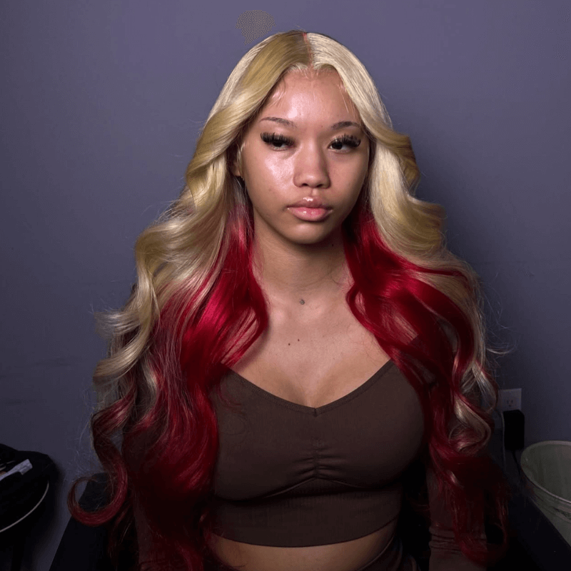 SZC Peekaboo Platinum Honey Blonde Red Two Tones Lace Front Human Hair Wig