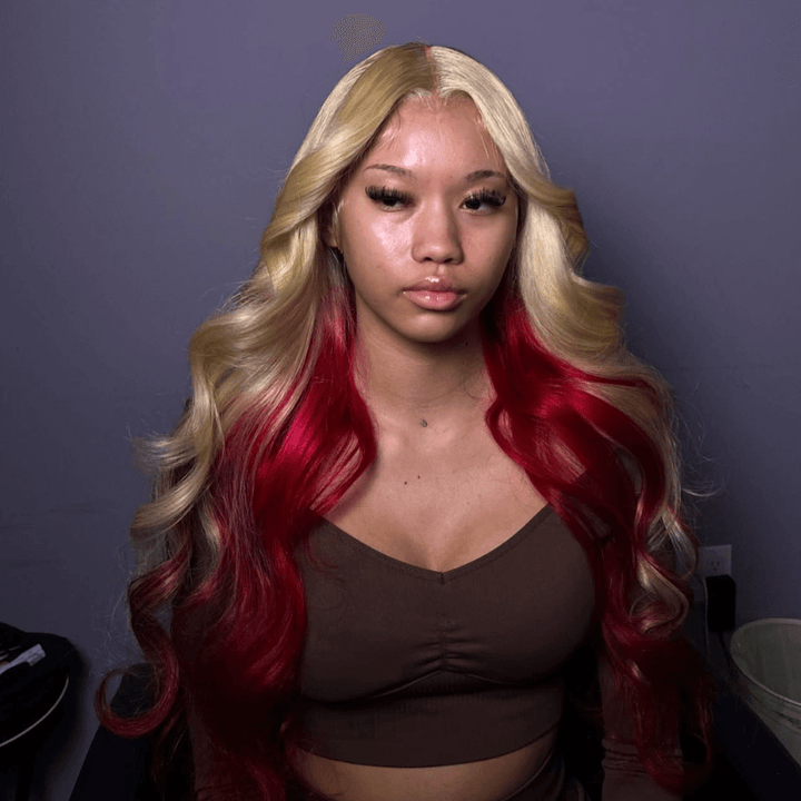 SZC Peekaboo Platinum Honey Blonde Red Two Tones Lace Front Human Hair Wig
