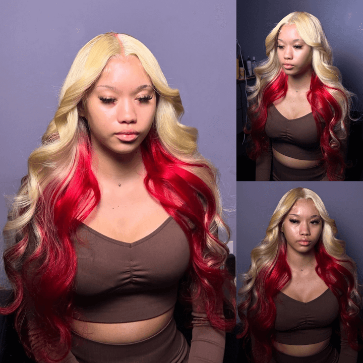 SZC Peekaboo Platinum Honey Blonde Red Two Tones Lace Front Human Hair Wig