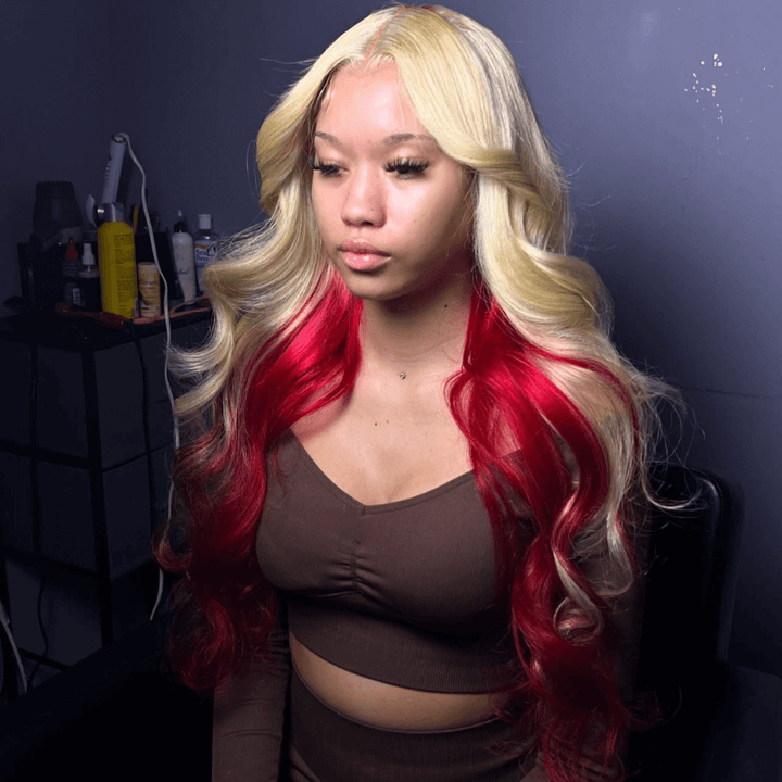 SZC Peekaboo Platinum Honey Blonde Red Two Tones Lace Front Human Hair Wig
