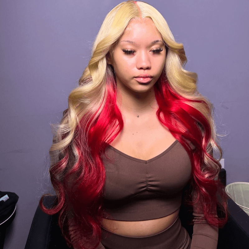 SZC Peekaboo Platinum Honey Blonde Red Two Tones Lace Front Human Hair Wig