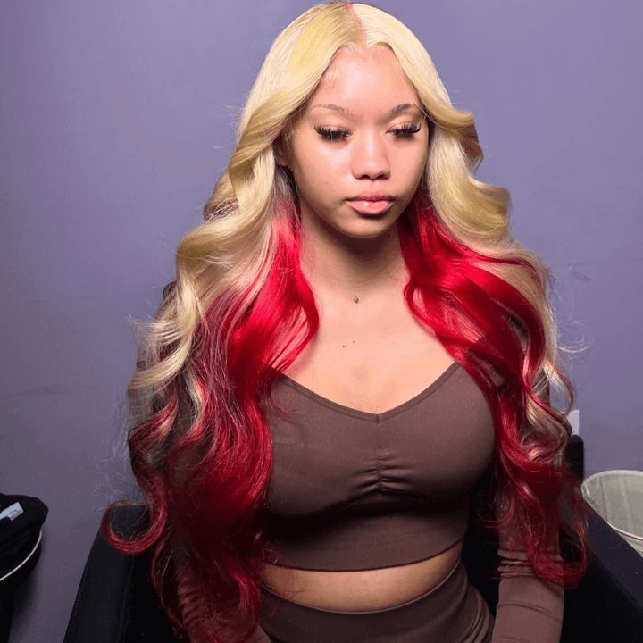 SZC Peekaboo Platinum Honey Blonde Red Two Tones Lace Front Human Hair Wig