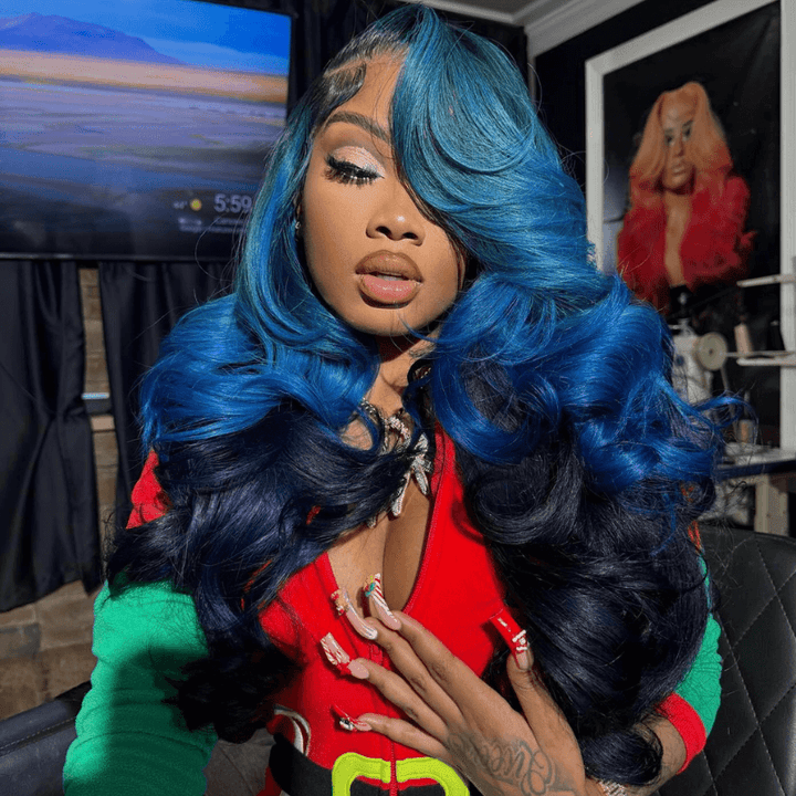 SZC Peekaboo Royal Midnight Blue Two Tones Color Lace Front Human Hair Wig