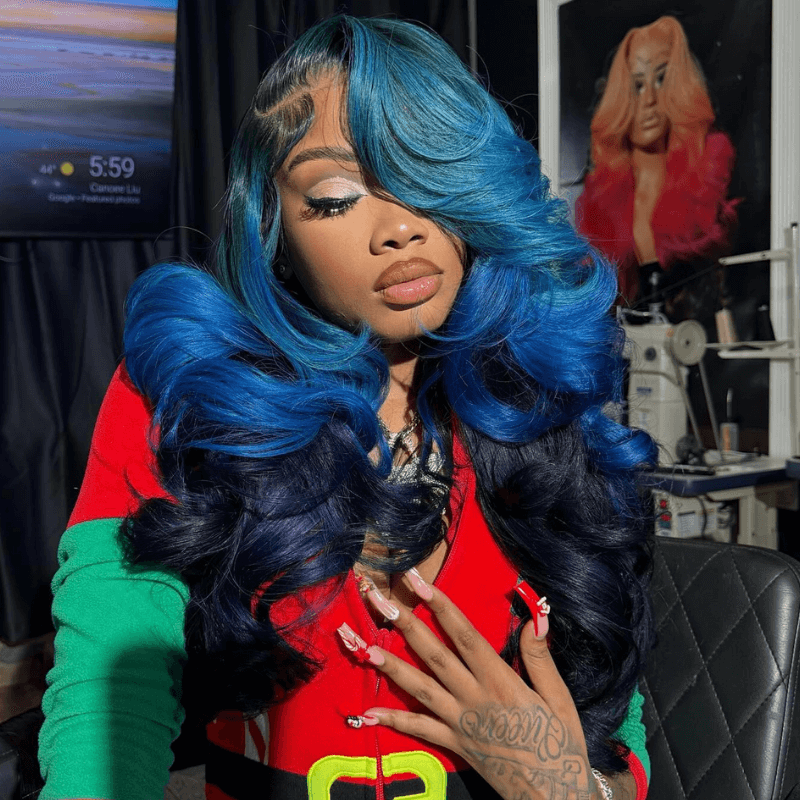SZC Peekaboo Royal Midnight Blue Two Tones Color Lace Front Human Hair Wig