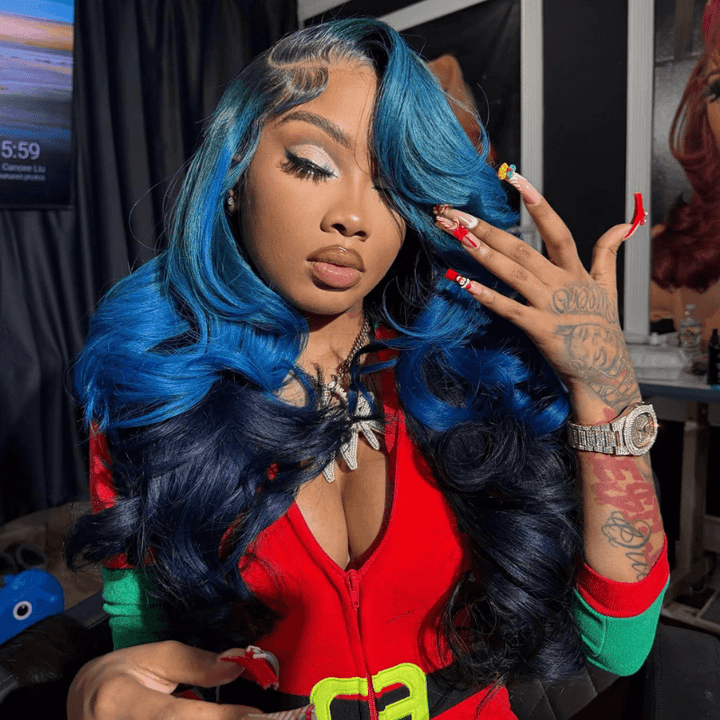 SZC Peekaboo Royal Midnight Blue Two Tones Color Lace Front Human Hair Wig