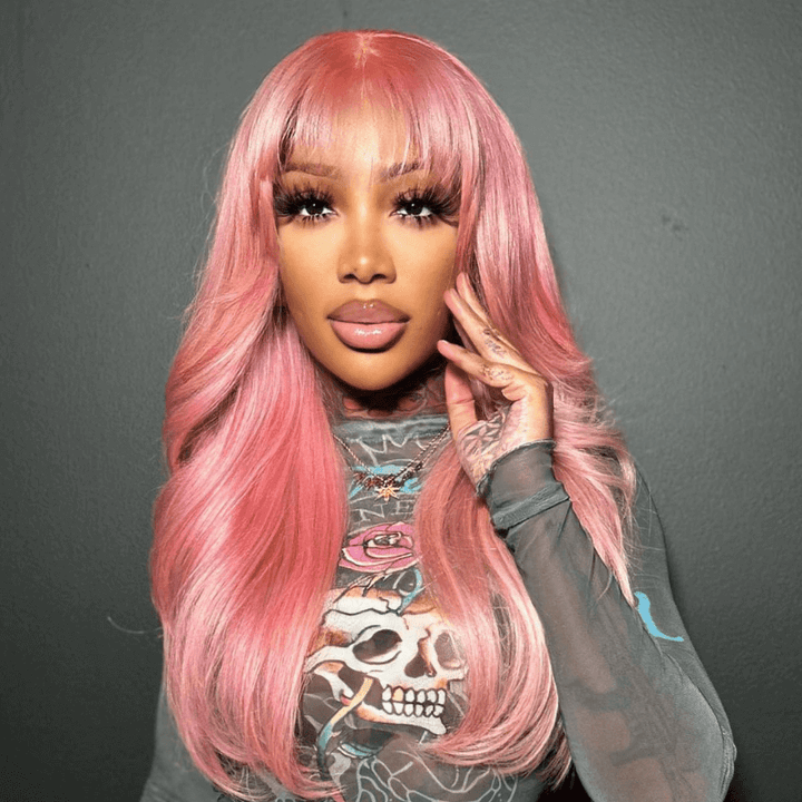 SZC Pink Color 13X4 Lace Front Body Wave Human Hair Wig With Bangs