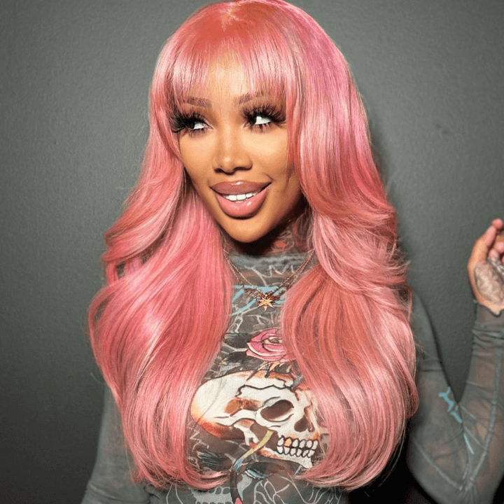 SZC Pink Color 13X4 Lace Front Body Wave Human Hair Wig With Bangs