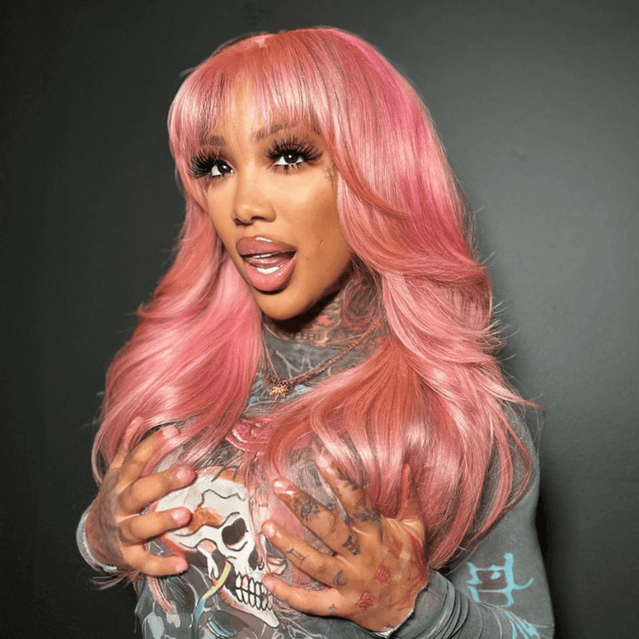 SZC Pink Color 13X4 Lace Front Body Wave Human Hair Wig With Bangs