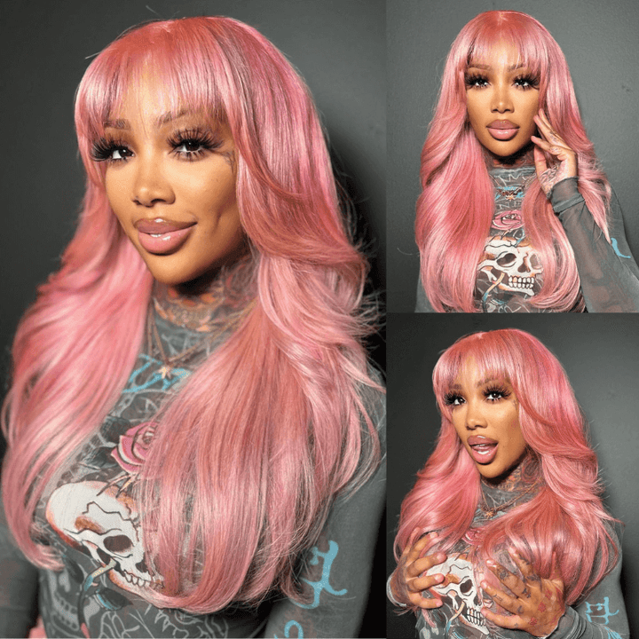 SZC Pink Color 13X4 Lace Front Body Wave Human Hair Wig With Bangs