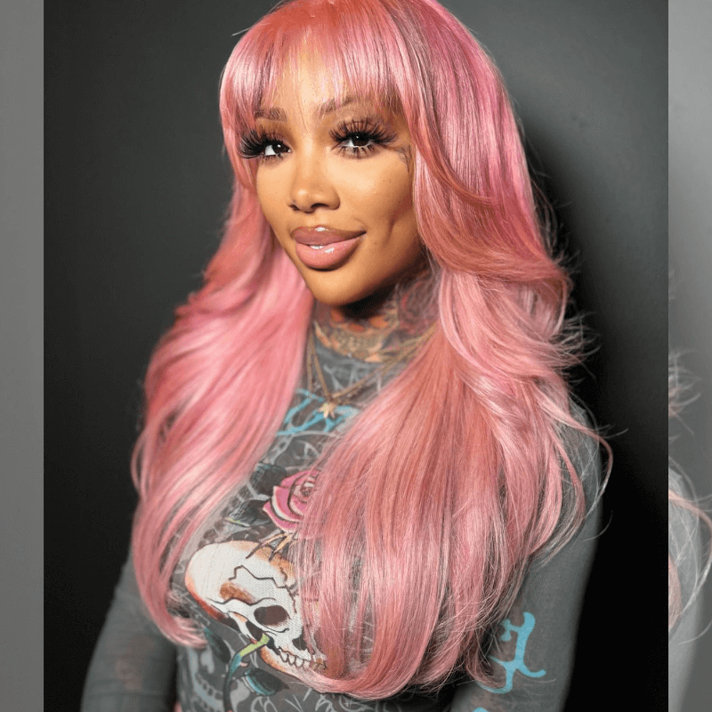 SZC Pink Color 13X4 Lace Front Body Wave Human Hair Wig With Bangs