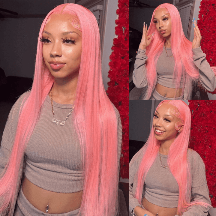 SZC Pink Color Bone Straight Hair Weave HD Lace Front Human Hair Wig
