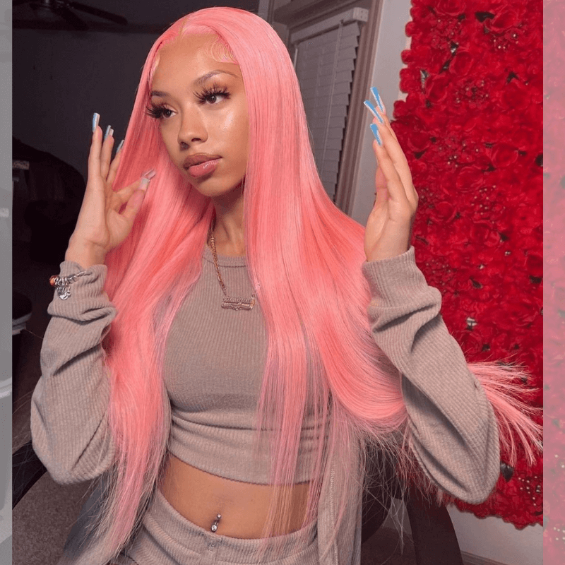 SZC Pink Color Bone Straight Hair Weave HD Lace Front Human Hair Wig