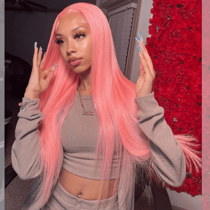 SZC Pink Color Bone Straight Hair Weave HD Lace Front Human Hair Wig