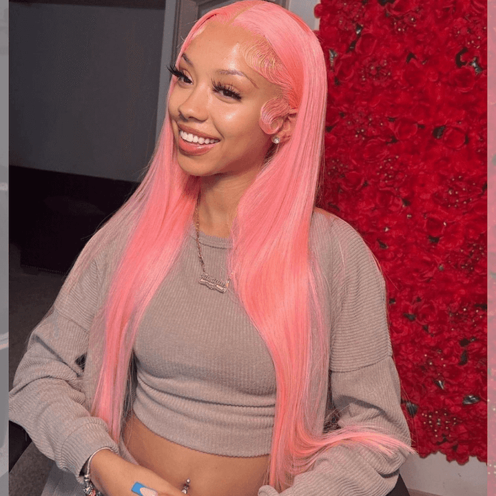 SZC Pink Color Bone Straight Hair Weave HD Lace Front Human Hair Wig