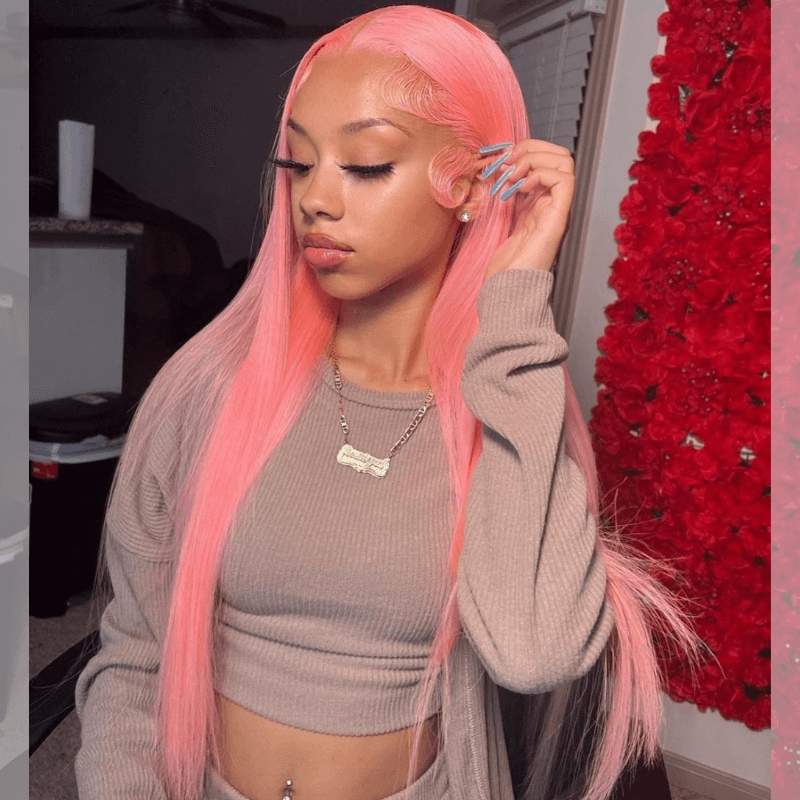 SZC Pink Color Bone Straight Hair Weave HD Lace Front Human Hair Wig