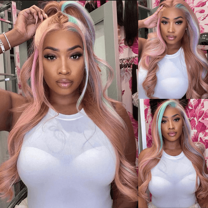SZC Pink Purple Blue Skunk Stripe Milk Tea Pink Lace Front Human Hair Wig
