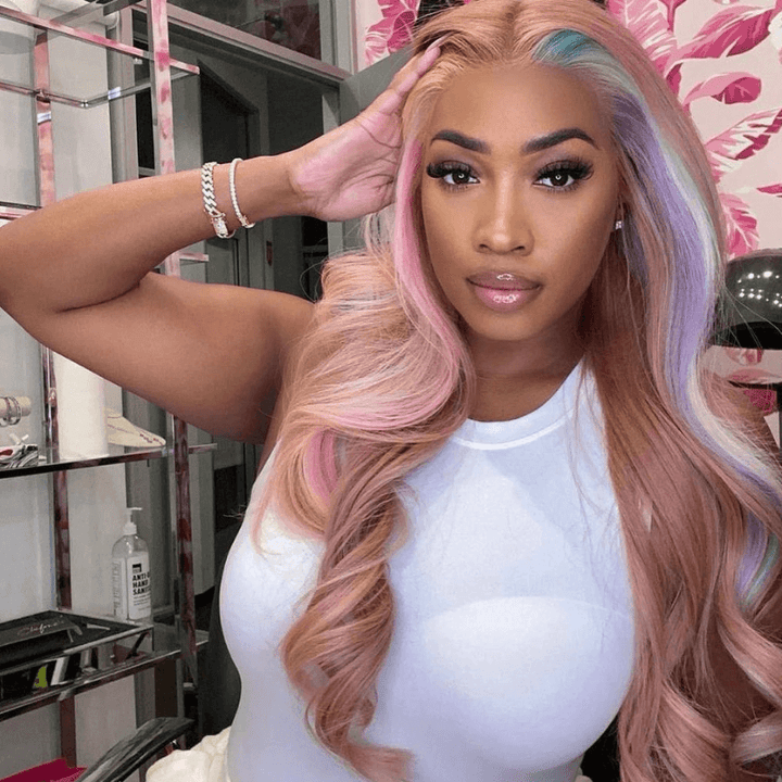 SZC Pink Purple Blue Skunk Stripe Milk Tea Pink Lace Front Human Hair Wig