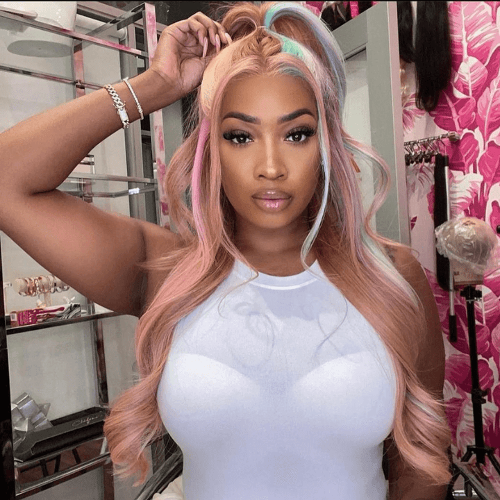 SZC Pink Purple Blue Skunk Stripe Milk Tea Pink Lace Front Human Hair Wig