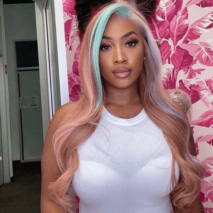 SZC Pink Purple Blue Skunk Stripe Milk Tea Pink Lace Front Human Hair Wig