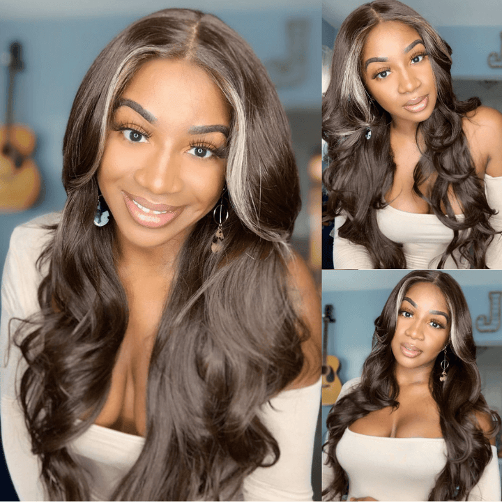 SZC Platinum Blonde Skunk Stripe Brown HD Lace Front Virgin Human Hair Wig