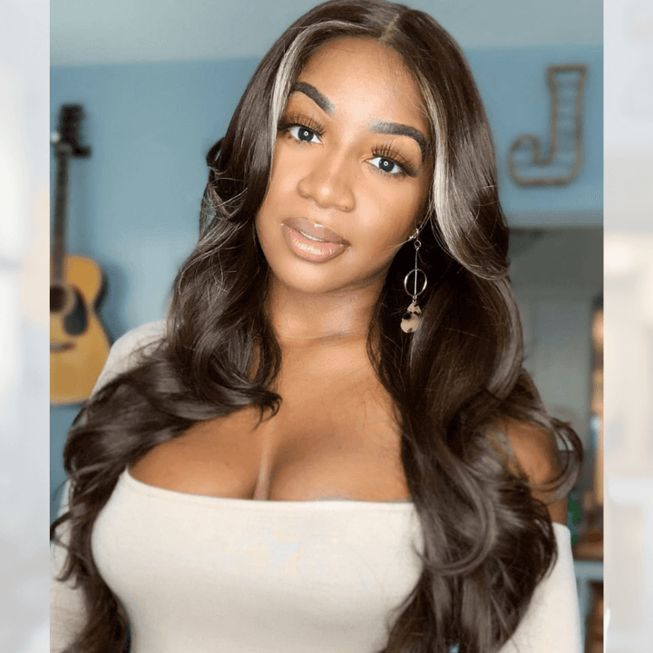 SZC Platinum Blonde Skunk Stripe Brown HD Lace Front Virgin Human Hair Wig